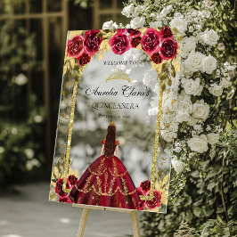 Señal Acrílica Elegante Princesa Roja Floral Quinceañera Cumpleañ