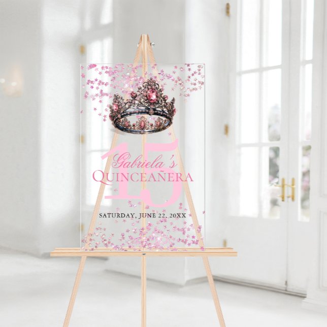 Señal Acrílica Elegante Princesa Rosa Corona Bienvenida Quinceane (Elegant Pink Princess Crown Quinceanera Welcome Acrylic Sign)