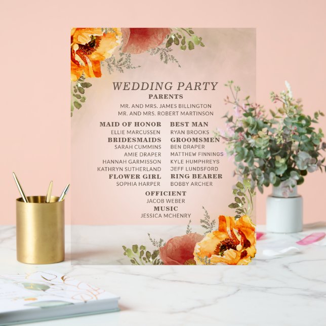 Señal Acrílica Elegante Programa de Boda Floral Naranja Quemada   (Boda)