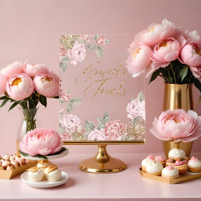 Señal Acrílica Elegante Purpurina de oro Peony Florals Dulces y T (Elegant Gold Glitter Peony Florals Sweets & Treats Acrylic Sign
)