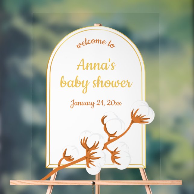 Señal Acrílica Elegante rama de algodón Baby Shower Rótulo acríli (Neutral )