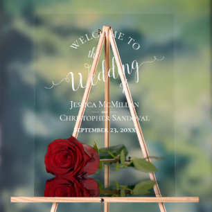Señal Acrílica Elegante Rosa Roja Texto Blanco Bienvenida Boda