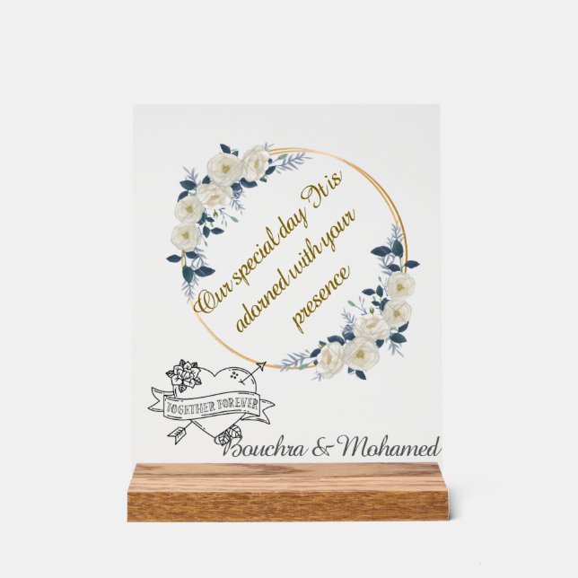 Señal Acrílica Elegante Rótulo de Boda floral acrílico - Nombres  (Anverso)