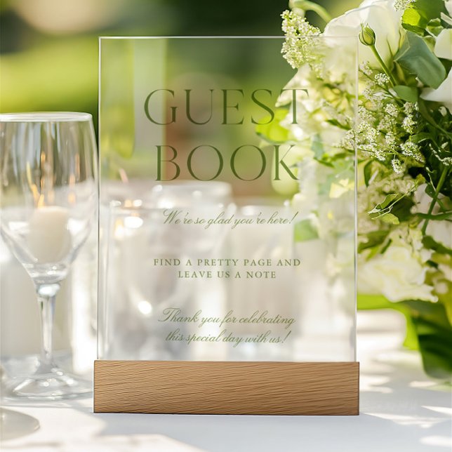 Señal Acrílica Elegante Rótulo de libros de Bodas de Acrílico Ver (Elegant Sage Green Acrylic Wedding Guest Book Sign)