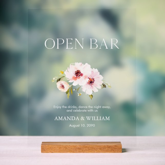 Señal Acrílica Elegante Rótulo Floral Open Bar (Neutral )