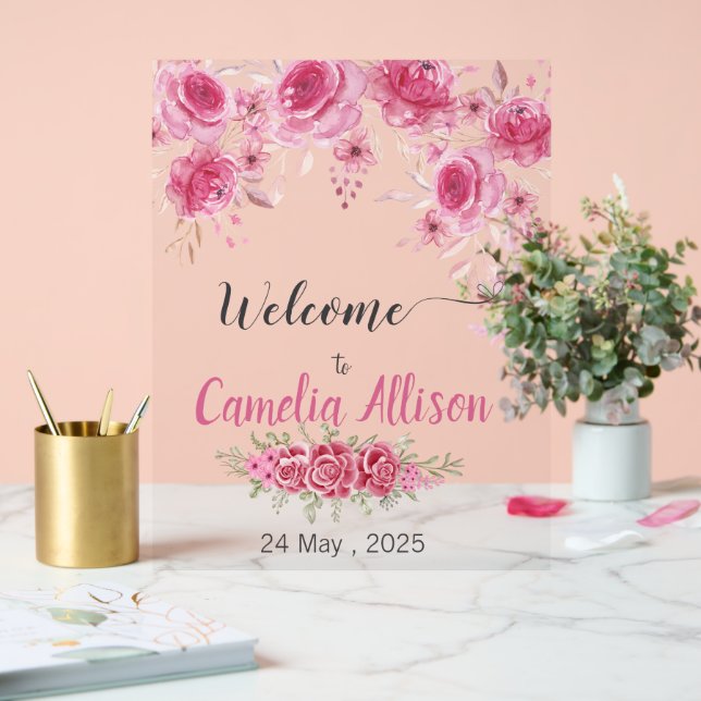 Señal Acrílica Elegante Rubor Floral Baby Shower Welcome (Boda)