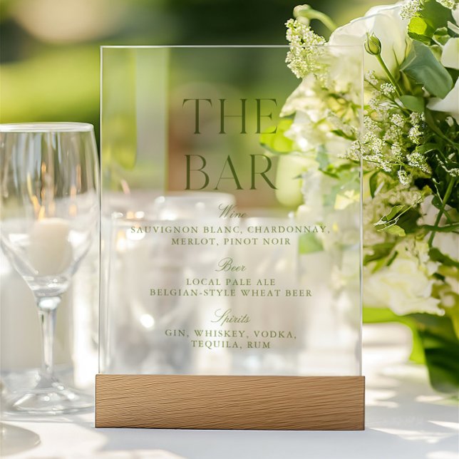 Señal Acrílica Elegante Sage Green Acrylic Boda Bar Rótulo (Elegant Sage Green Acrylic Wedding Bar Menu Sign)