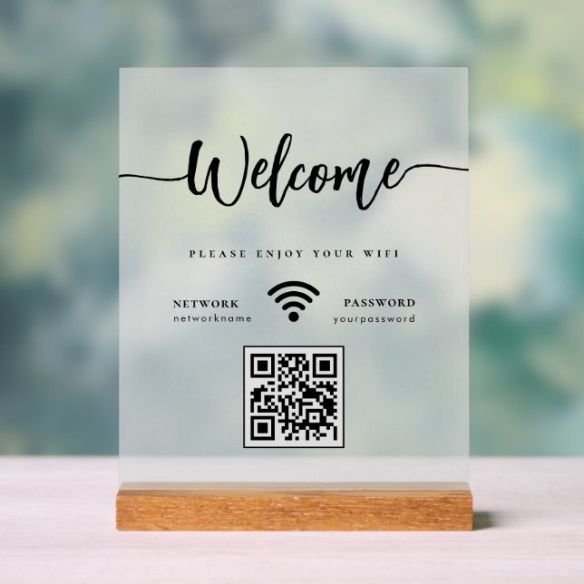 Señal Acrílica Elegante Script de Bienvenida Código QR WIFI Escar (Neutral )