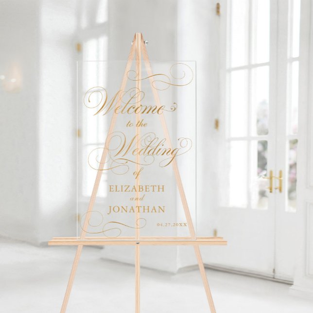 Señal Acrílica Elegante Script Faux Gold Bienvenida Boda (Elegant Script Faux Gold Wedding Welcome Acrylic Sign)
