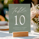 Señal Acrílica Elegante Script Sage Green Boda Número de tabla<br><div class="desc">Tarjetas de número de tabla minimalistas y de moda con "Table" mostradas en un guión de caligrafía blanca con un fondo acrílico verde sabio. Para solicitar el signo de la tarjeta de tabla acrílica: agregue su nombre, fecha de boda y número de tabla. Agregue cada número a su carrito individualmente...</div>