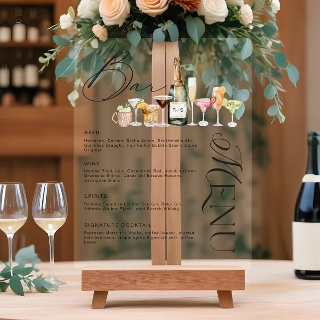 Señal Acrílica Elegante Watercolor Cocktails Boda Bar Menú (Elegant Watercolor Cocktails Wedding Bar Menu Acrylic Sign)