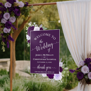 Señal Acrílica Elegantes Rosas Moradas Boho Chic de Boda de Bienv