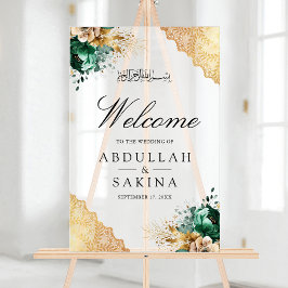 Señal Acrílica Emerald Floral Gold Muslim Wedding Welcome Frosted