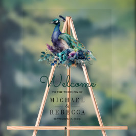 Señal Acrílica Emerald Green Floral Peacock Wedding Welcome
