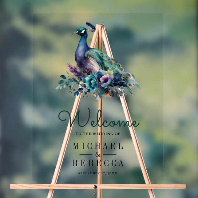 Señal Acrílica Emerald Green Floral Peacock Wedding Welcome (Neutral )