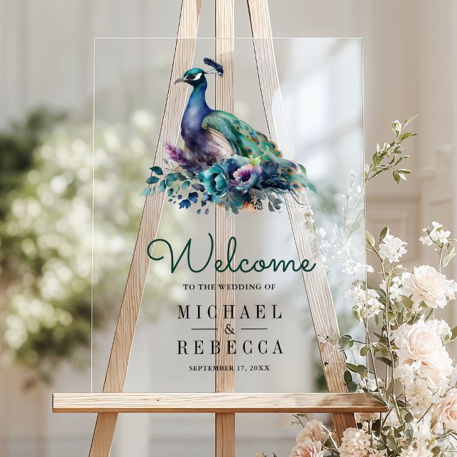 Señal Acrílica Emerald Green Floral Peacock Wedding Welcome (Subido por el creador)