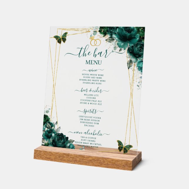 Señal Acrílica Emerald Green Floral Wedding Bar Cocktail Menu (Ángulo)