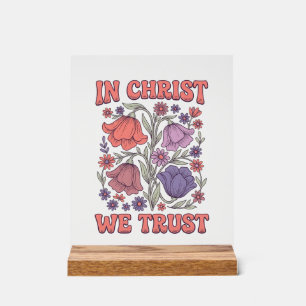 Señal Acrílica En Cristo Confiamos Diseño Floral Cristiano Vector