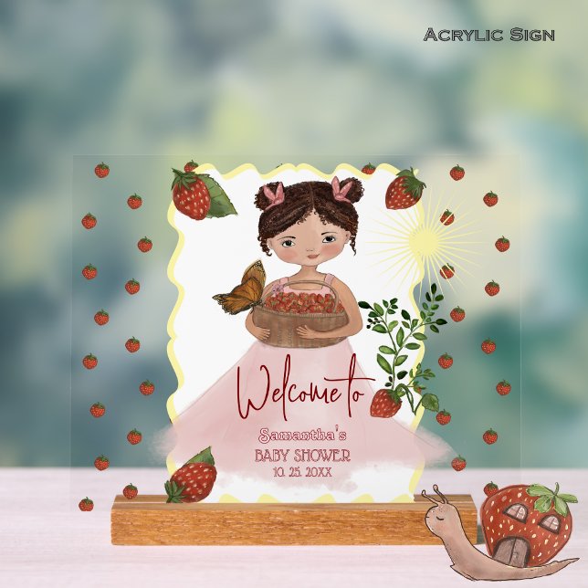 Señal Acrílica Encantador Chica y dulce Baby Shower Berry (Charming Girl & Berry Sweet Baby Shower Acrylic Sign)