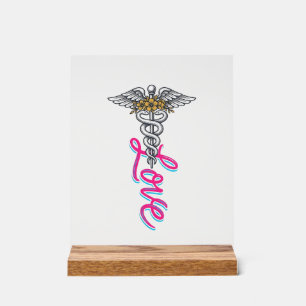 Señal Acrílica Enfermera Amor Caduceo Floral Médico Diseño Vertic