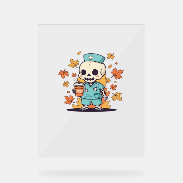 Señal Acrílica Enfermero De Esqueleto De Halloween Con Café Clási (Anverso)
