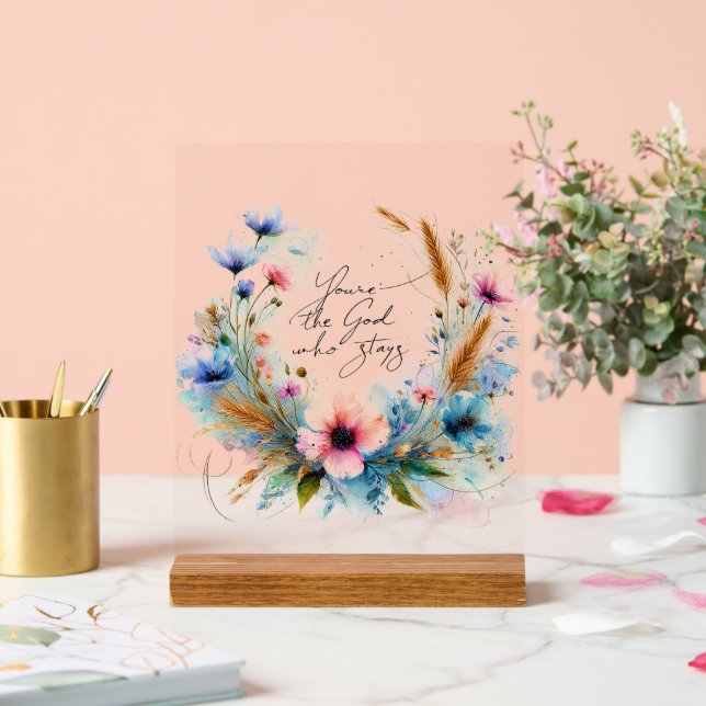 Señal Acrílica Eres el Dios que permanece, floral acuarela (Boda)
