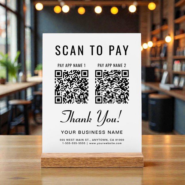 Señal Acrílica Escanear para Pagar 2 Códigos QR Soporte para Mesa (Scan to Pay 2 QR Codes Tabletop Acrylic Sign)