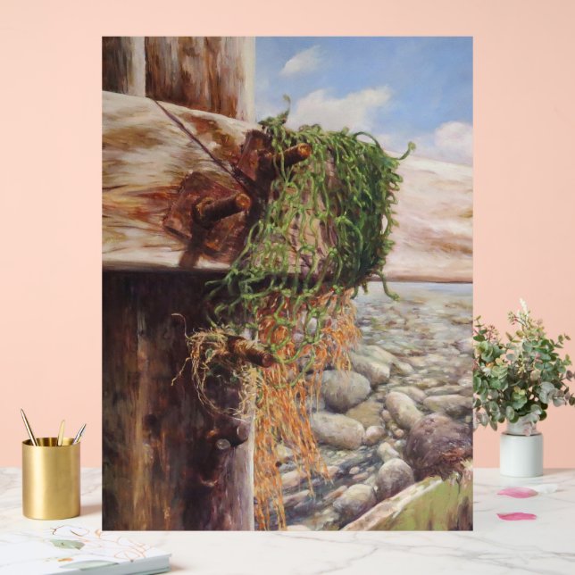 Señal Acrílica Escena costera con guijarros y madera templada. (Boda)