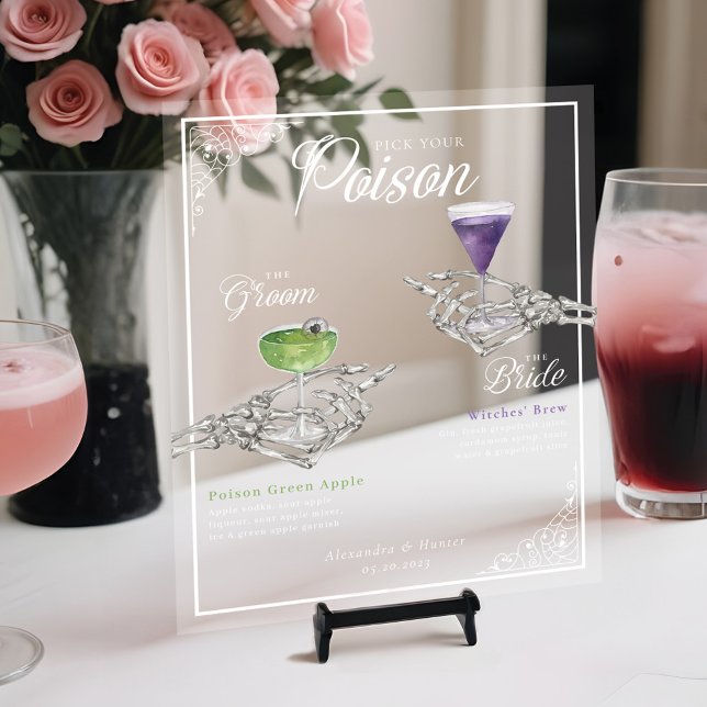 Señal Acrílica Escoja sus cócteles de esqueleto envenenado de Nov (Pick Your Poison Skeleton Bride & Groom Cocktails Acrylic Sign
)