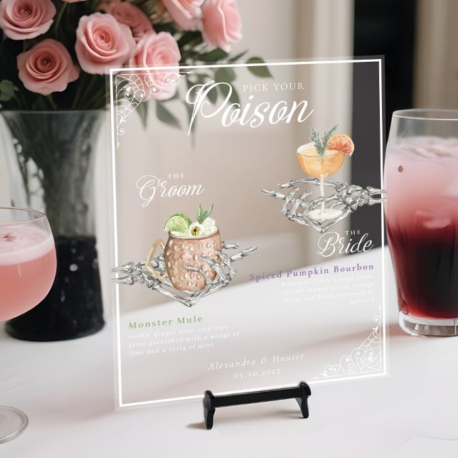 Señal Acrílica Escoja sus cócteles de esqueleto envenenado de Nov (Pick Your Poison Skeleton Bride & Groom Cocktails Acrylic Sign)