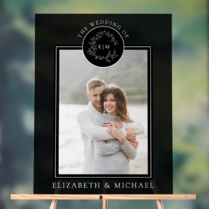 Señal Acrílica Escudo de Leafy Blanco Negro Monograma Boda fotogr