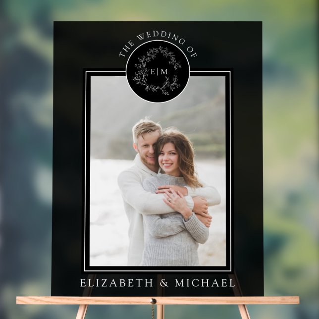 Señal Acrílica Escudo de Leafy Blanco Negro Monograma Boda fotogr (Neutral )