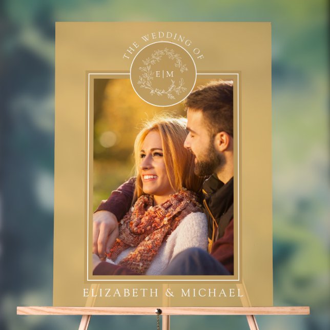 Señal Acrílica Escudo de Leafy de Oro Monograma Boda fotográfico (Neutral )