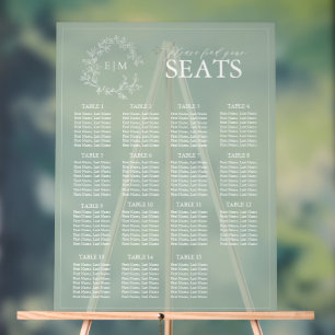 Señal Acrílica Escudo de Leafy Verde Sage Monograma Boda Asiento