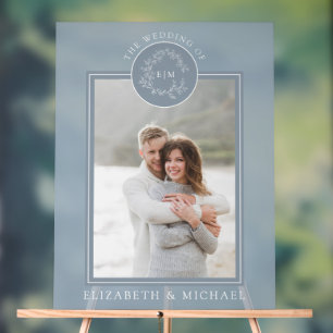 Señal Acrílica Escudo Dusty Blue Leafy Monograma Boda fotográfico