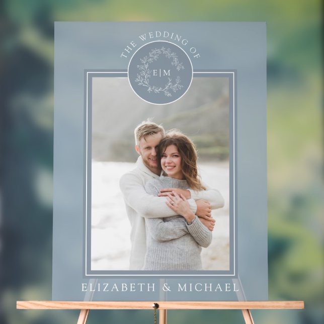 Señal Acrílica Escudo Dusty Blue Leafy Monograma Boda fotográfico (Neutral )