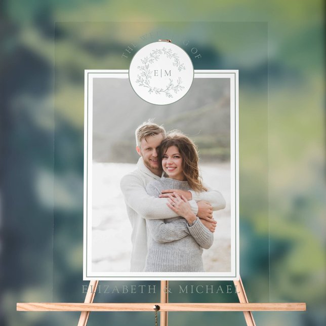 Señal Acrílica Escudo Sage Green Leafy Monograma Boda fotográfico (Wedding Sign!)