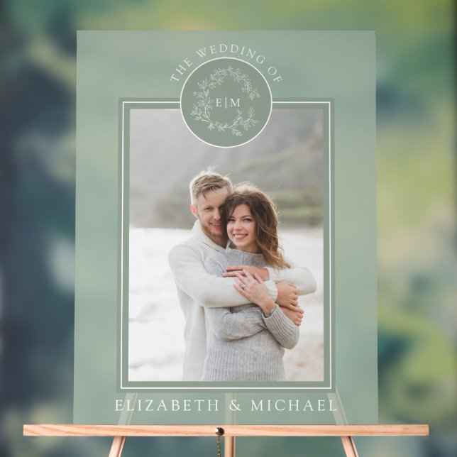 Señal Acrílica Escudo Sage Green Leafy Monograma Boda fotográfico (Neutral )