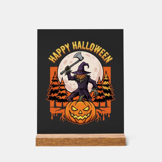 Señal Acrílica Espantapájaros Feliz Halloween Jack O Linterna Vec (Anverso)