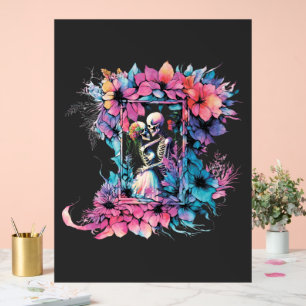 Señal Acrílica Esqueletos enamorados. Un ramo de flores.