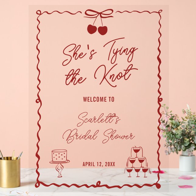 Señal Acrílica Está atando la bienvenida de la ducha de cerezas d (Celebrate with this clear acrylic and red "She’s Tying the Knot" chic bridal shower welcome sign)