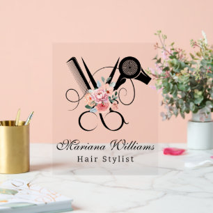 Señal Acrílica estilista de pelo Tijeras florales Salón de bellez