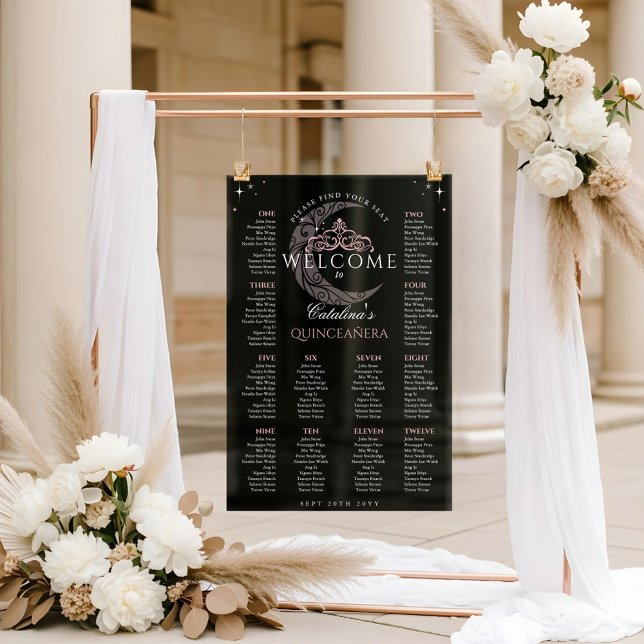 Señal Acrílica Estrellas de la luna Tiara Black Quinceañera (Moon Stars Tiara Black Quinceañera Seating Chart)