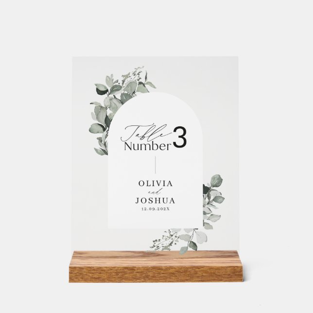 Señal Acrílica Eucalyptus botánico elegante número de tabla boda (Anverso)