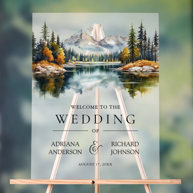 Señal Acrílica Fall Mountain Forest Lake Wedding Welcome (Neutral )