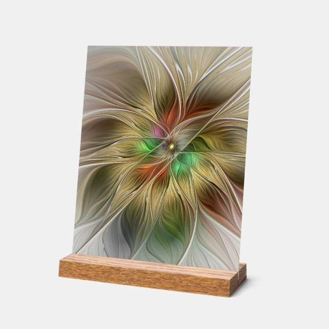 Señal Acrílica Fantasía Floral Con Fractal Dorado Moderno (Ángulo)