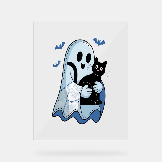 Señal Acrílica Fantasma de Denim Azul y Gato de Halloween (Anverso)