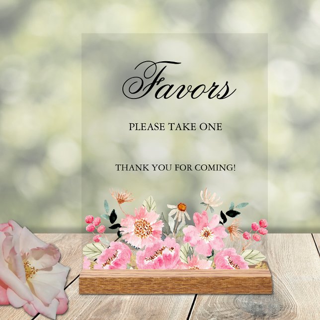 Señal Acrílica Favor De La Ducha Bridal De Flores Rosa (Pink floral bridal shower Favors  tabletop acrylic sign)