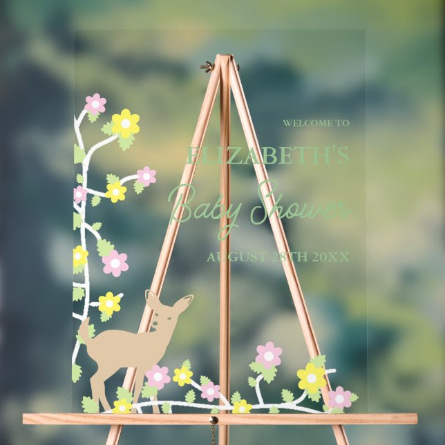 Señal Acrílica Fawn Floral Girl Baby Shower (Neutral )