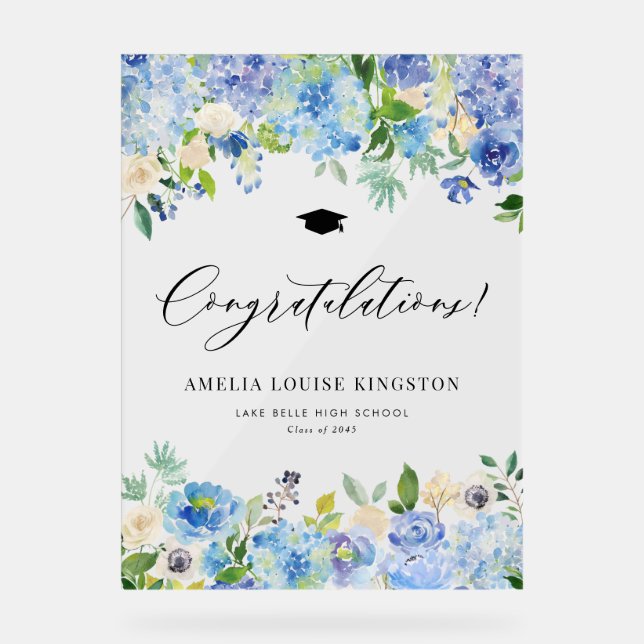 Señal Acrílica Felicidades por la graduación de Hydrangea Azul (Anverso)